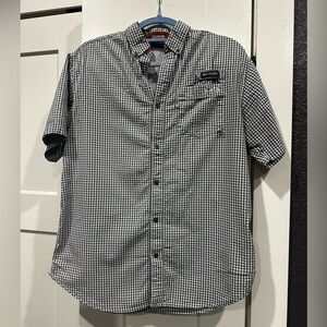 Men’s Columbia PFG Button Down Shirt Short Sleeve Blue Gingham Size Small
